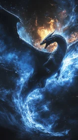 Cosmic blue dragon emerging in swirling stellar energy.