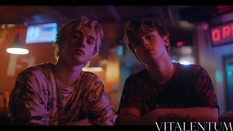 Dual portrait of two youths in neon bar interior, shallow depth