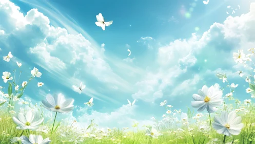 White flowers and butterflies under bright blue spring sky