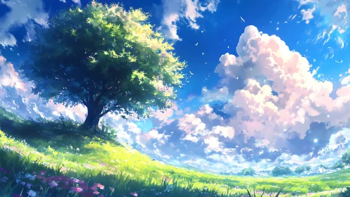 Solitary tree on sunlit meadow under expansive clouds.