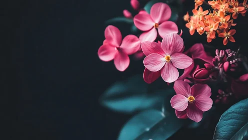 Floral Arrangement with Pink Blossoms and Orange Flowers Against Dark Background