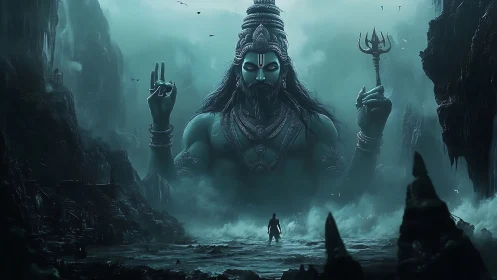 Colossal sea god awakens in mist-drenched canyon temple.