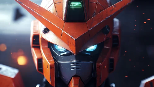 Bold orange mech hero with glowing eyes and quiet resolve.