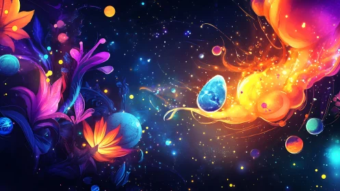 Cosmic flowers embrace a glowing nebula-born world egg.