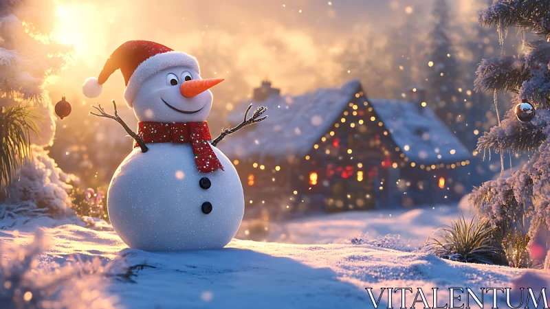 Smiling snowman under glowing winter sunset near cabin.