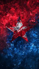Bold red and blue star bursting from textured color fields.