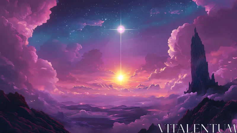 Celestial sunrise over violet clouds and distant spire.