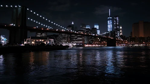 Midnight bridge strings stitch neon Manhattan into water