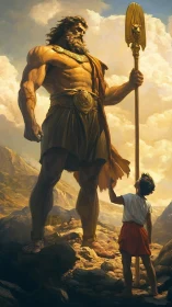 Giant armored warrior and youth in rocky mountain landscape.