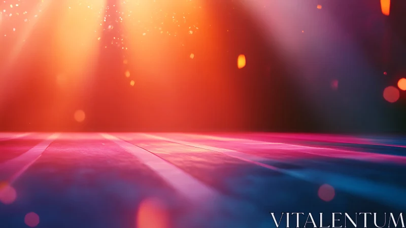 Volumetric stage lighting across chromatic floor plane.