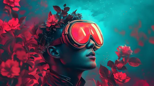 Person with visor surrounded by red flowers in teal mist.