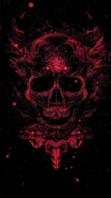 Ornate crimson skull illustration merges baroque and cosmic horror