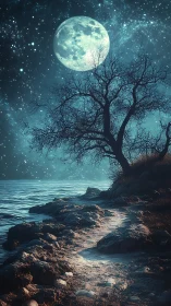 Lunar shoreline path under star-dense cyan nocturnal sky