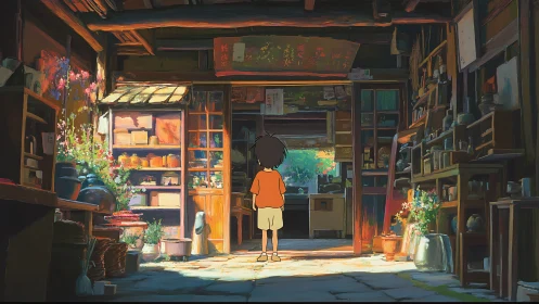 Child in wooden shop interior with shelves and pottery.