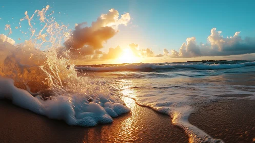 Surf-lit sunrise where foamy waves chase the glowing day.
