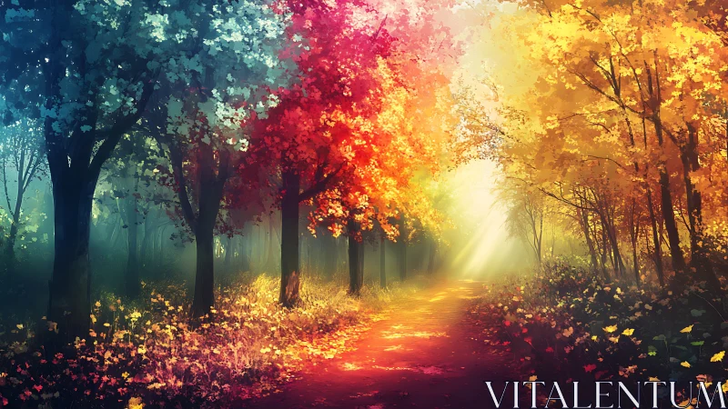 Autumn forest path glows under radiant golden sunlight.