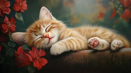 Orange tabby cat sleeping peacefully on weathered surface