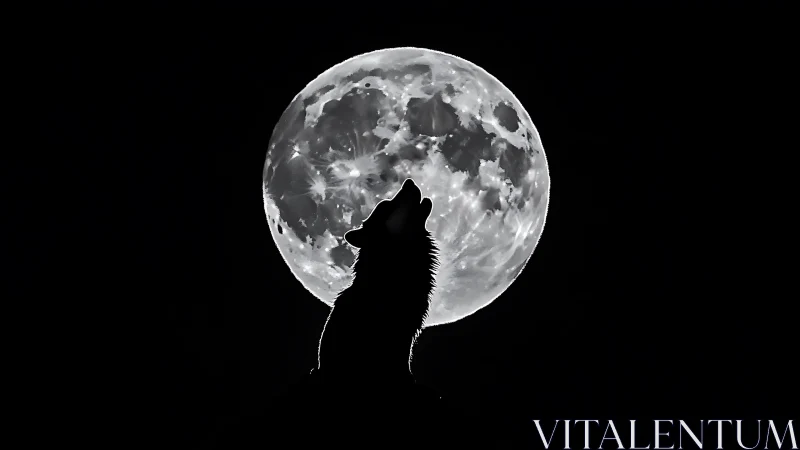 Monochrome wolf silhouette aligned against full lunar disc.