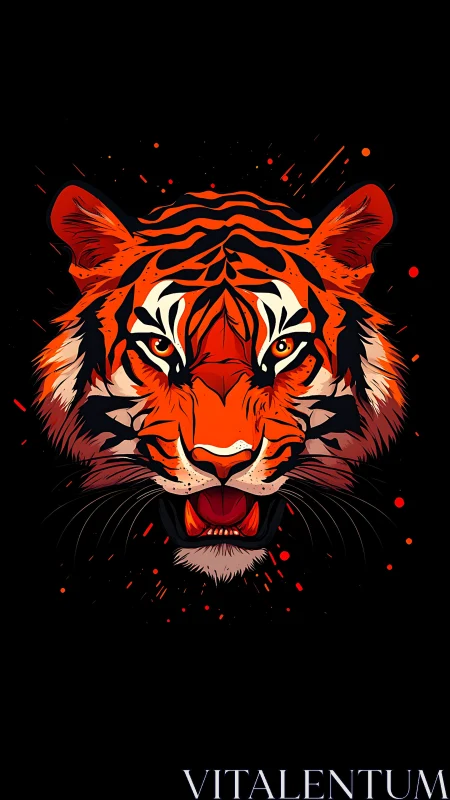 Tiger head illustration explodes from black background