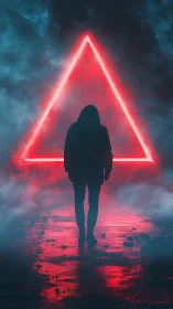 Silhouetted figure before red neon triangle in misty space.