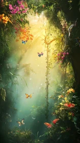 Luminous jungle clearing hosts radiant butterflies in flight.