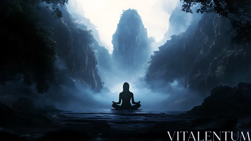Solitary meditator sits in misty canyon under diffuse light