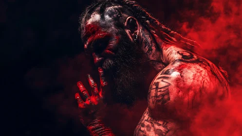 Tattooed warrior bows in red smoke and low key light.