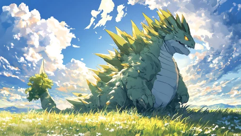 Sunlit meadow dragon lounges beneath booming summer skies