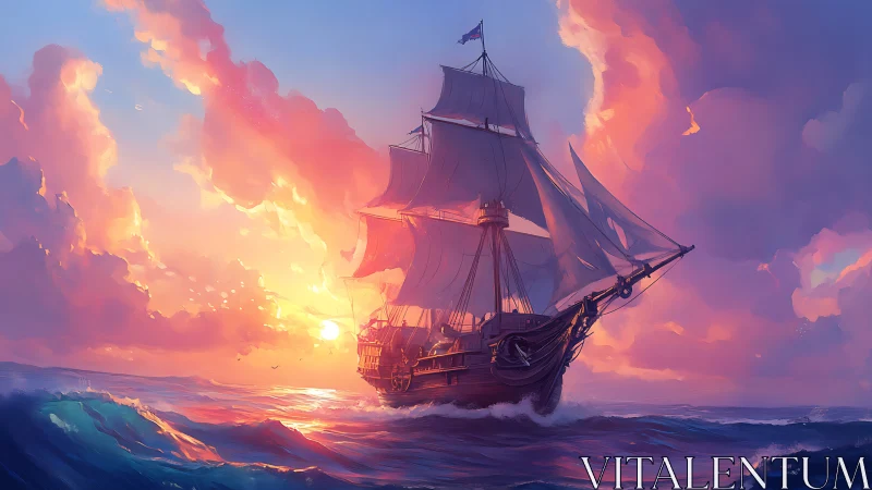 Sailing ship on open sea under vivid sunset sky panorama.