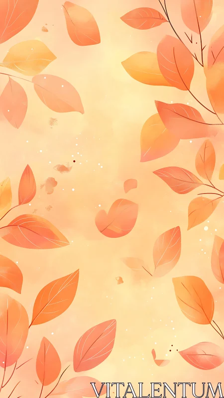 Floating autumn leaves on soft peach watercolor sky.