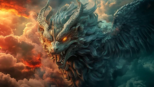 Winged dragon head erupts from storm clouds with burning eyes