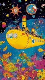 Playful yellow submarine sailing through a dreamlike sea.