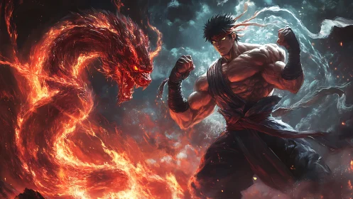 Muscular fighter facing coiled fire dragon in smoky void.
