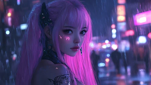 Cyberpunk heroine with neon hair stands in rain-soaked alley