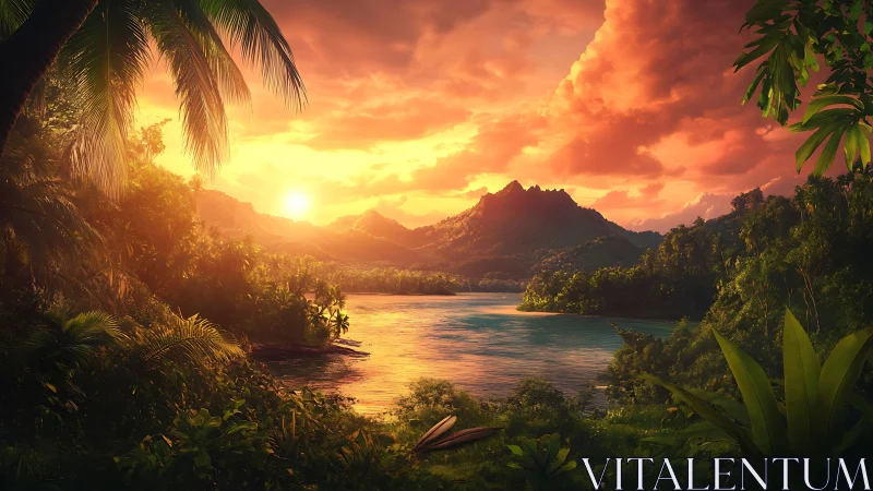Sun-drenched jungle cove cradles a tranquil molten lagoon.