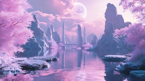Pink alien lake with towering rocks under full moon.