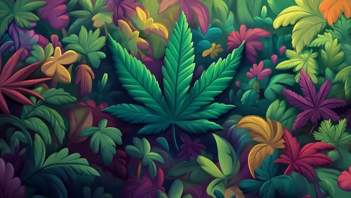 Cannabis leaf motif in neon-toned jungle foliage illustration.