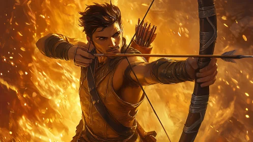 Archer draws a flaming arrow amid dynamic inferno lighting