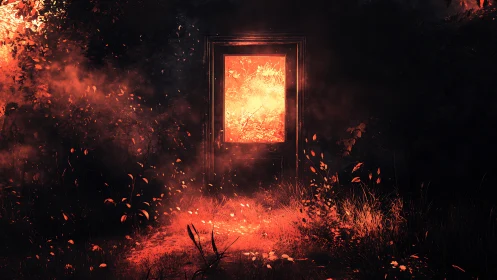 Doorway to Inferno. Fire erupts through abandoned structure.