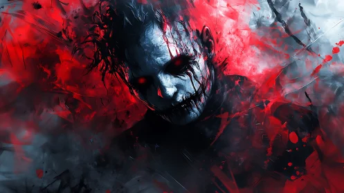 Crimson storm portrait of a haunting, twisted trickster.
