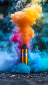 Colorful smoke plume rises from bright canister on ground