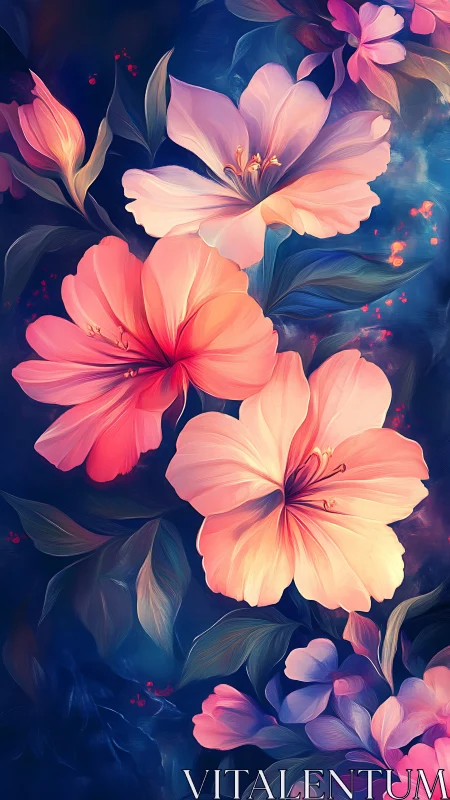 Luminous Floral Composition: Translucent Blossoms Against Deep Indigo.