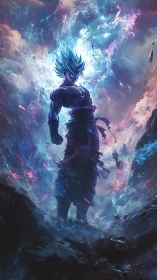 Cosmic warrior ignites with electric blue celestial power.