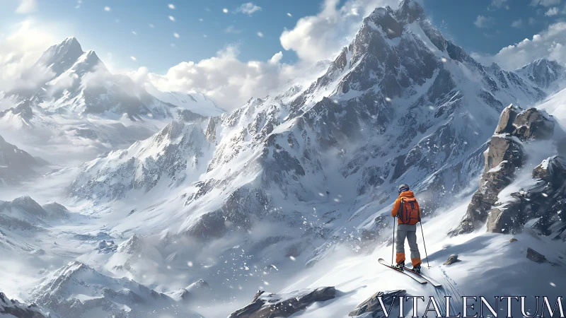 Backcountry skier surveying high-alpine powder basin panorama