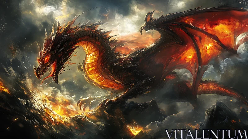 Digital painting of blazing dragon amid storm-forged inferno.