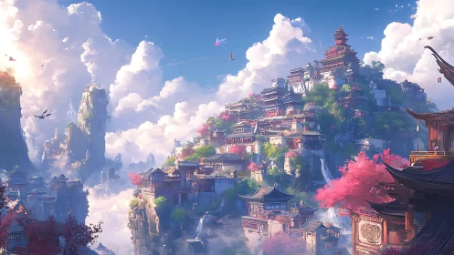 Vast fantasy mountain city with layered temples in clouds.