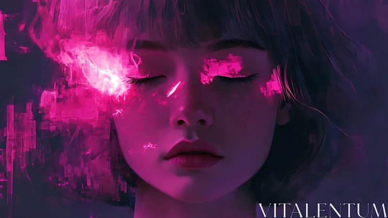 Digital portrait of girl with pink abstract light overlay.