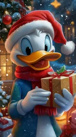 Cartoon duck in Santa hat holding Christmas present.