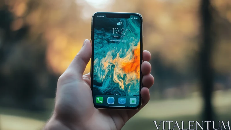 Modern Smartphone Displays Fluid Art Wallpaper in Natural Light.