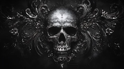Baroque metallic skull emerges from swirling dark filigree.